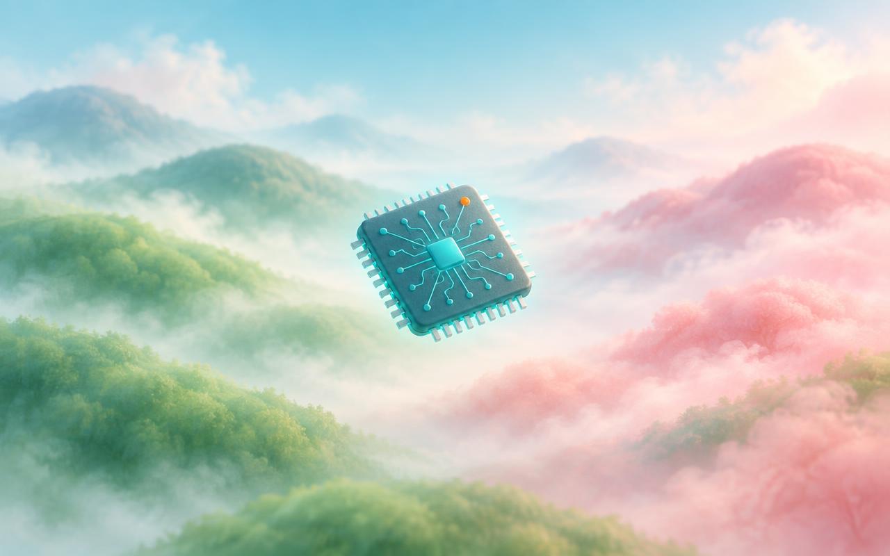 Microcontroller above misty pastel hills